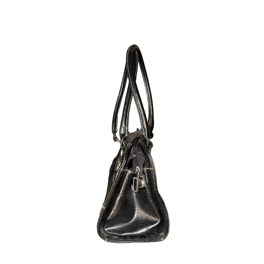 Vintage Y2K Black Faux Distressed Leather Satchel Shoulder Bag Grunge 54644-79